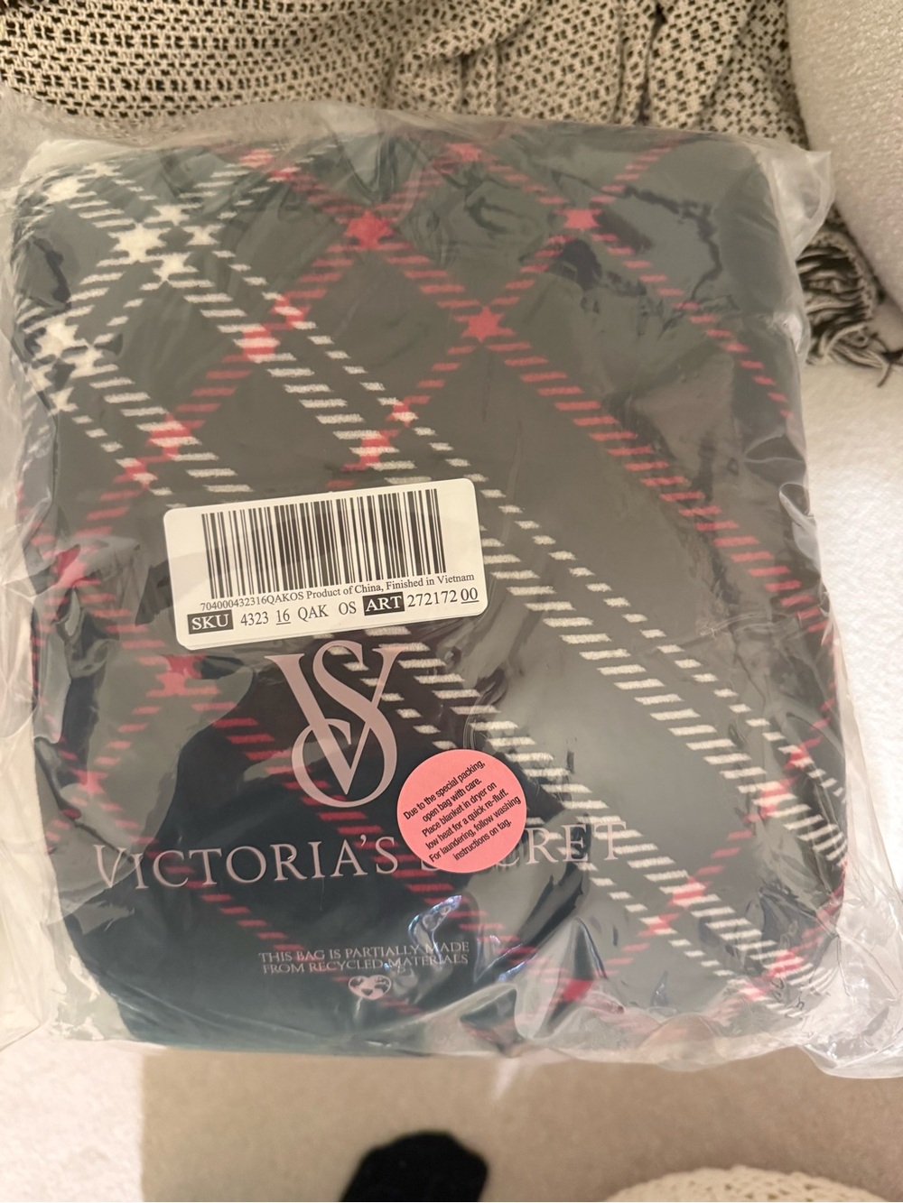 Victoria's Secret Black Plaid throw blanket with Red and White Accents